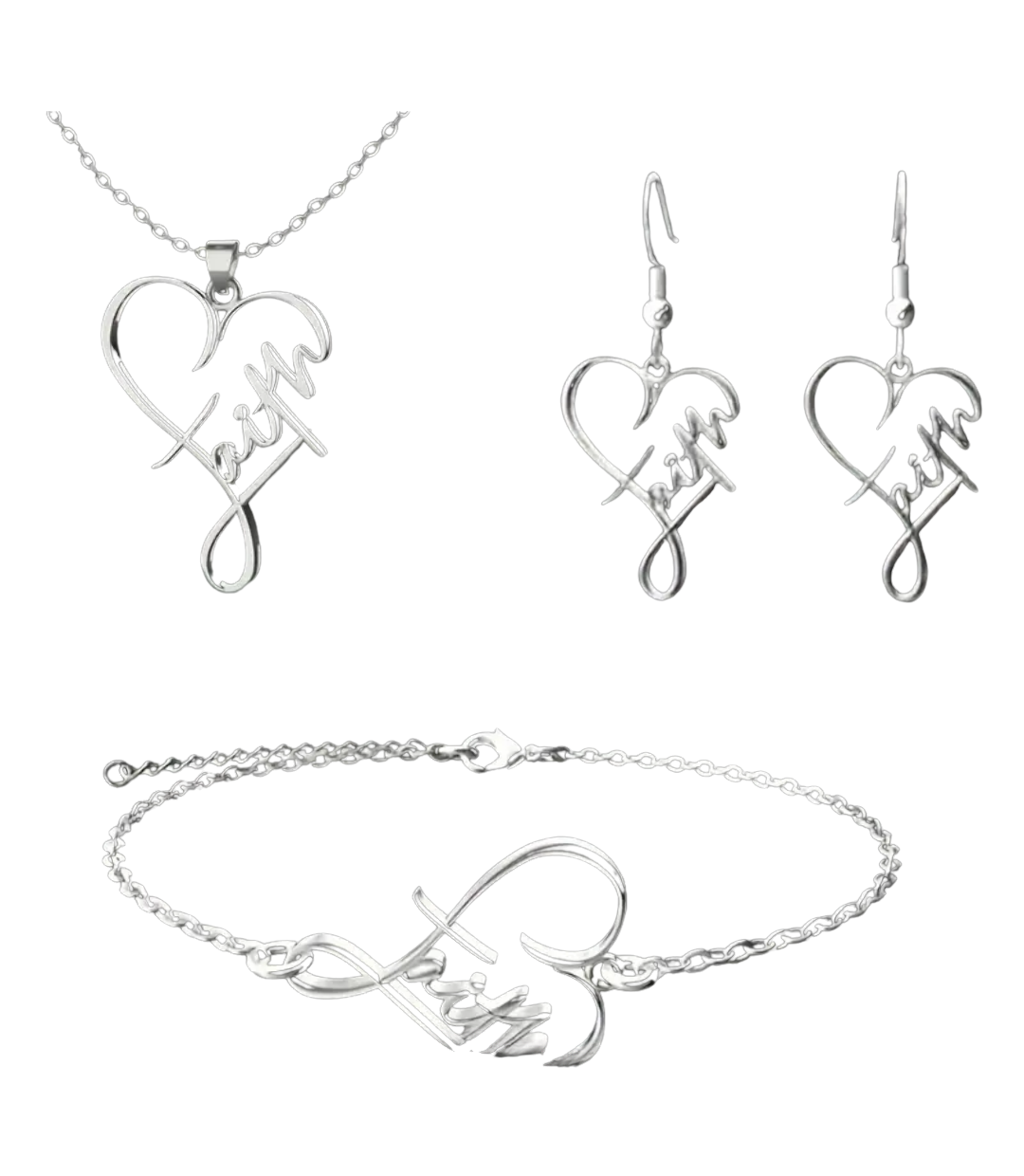Faith Heart Jewelry Set, Adjustable Bracelet and Necklace and Earrings, Hypoallergenic Stainless Steel