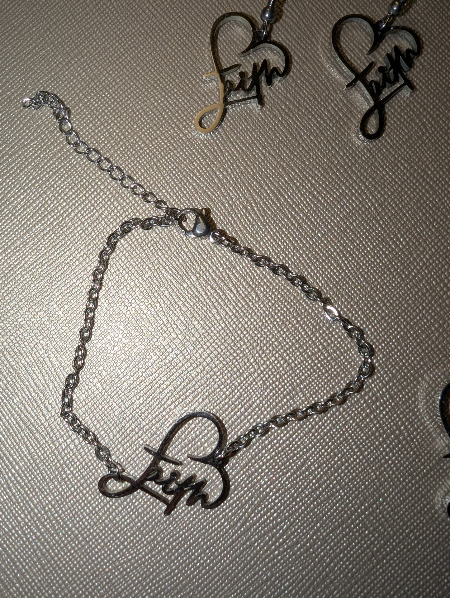 Faith Heart Jewelry Set, Adjustable Bracelet and Necklace and Earrings, Hypoallergenic Stainless Steel