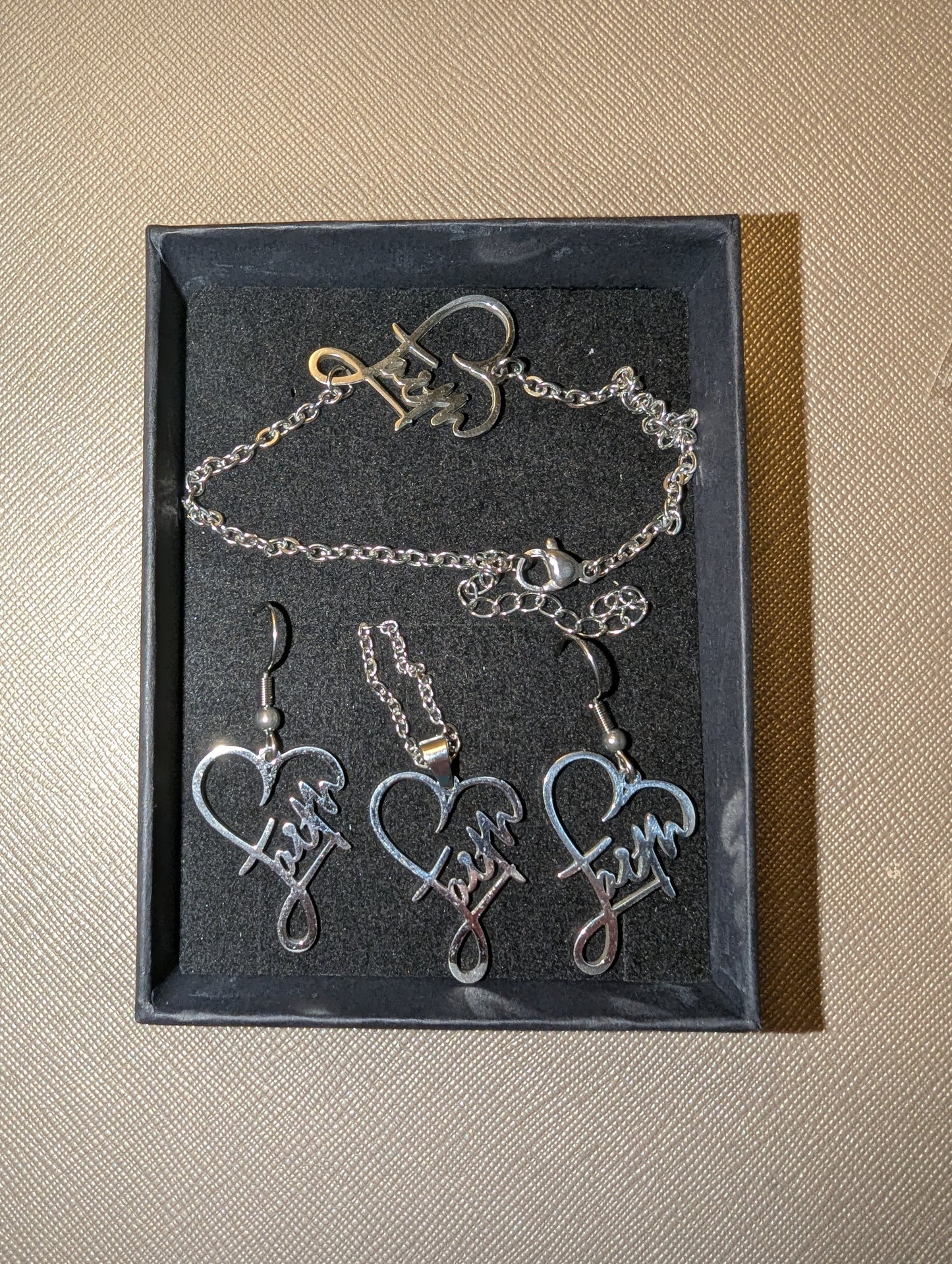 Faith Heart Jewelry Set, Adjustable Bracelet and Necklace and Earrings, Hypoallergenic Stainless Steel